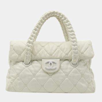 Pre Owned Chanel White Lambskin Leather Woven CC Shoulder Bag