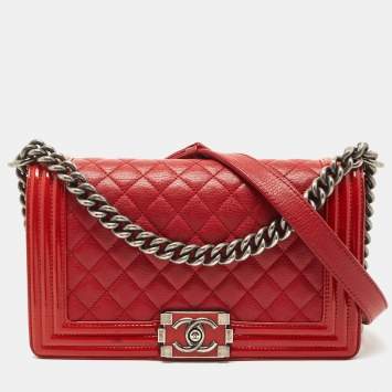Pre Owned Chanel Red Quilted Leather and Patent Medium Boy Flap Bag