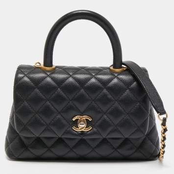 Pre Owned Chanel Black Quilted Caviar Leather Mini Coco Top Handle Bag