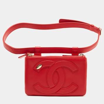 Pre Owned Chanel Red Leather CC Mania Double Zip Waist Belt Bag