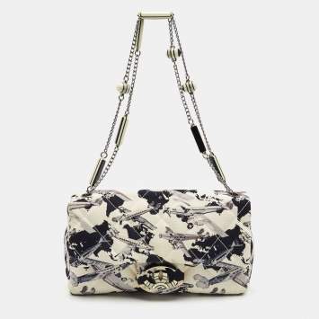 Pre Owned Chanel White/Navy Blue Quilted Airplane Print Canvas Medium Classic Single Flap Bag