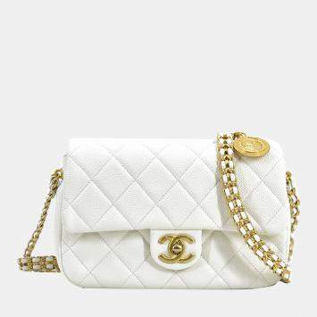 Pre Owned Chanel White Mini Quilted Caviar Single Flap Bag Shoulder Bag