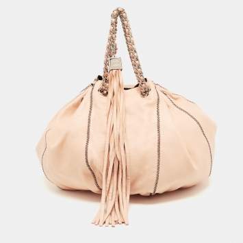 Pre Owned Chanel Peach/Black Leather Reversible Drawstring Tassel Bag