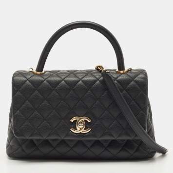 Pre Owned Chanel Black Quilted Caviar Leather Small Coco Top Handle Bag