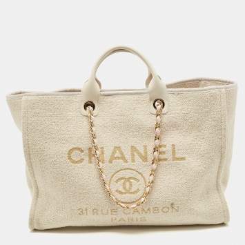 Pre Owned Chanel Cream Tweed and Leather Large Deauville Bag