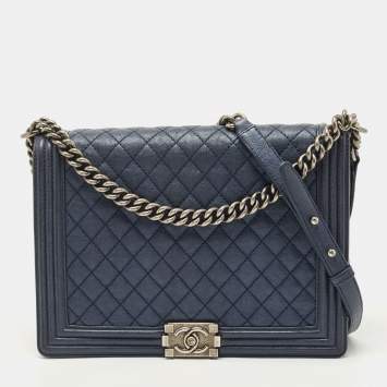 Pre Owned Chanel Navy Blue Quilted Leather Large Boy Flap Bag