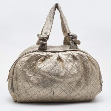 Pre Owned Chanel Gold Textured Leather Wild Stich Weekender Bag