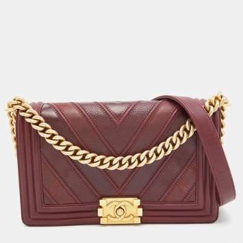 Pre Owned Chanel Burgundy Chevron Caviar and Leather Medium Boy Flap Bag