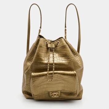 Pre Owned Chanel Gold Croc Embossed Leather Drawstring Backpack