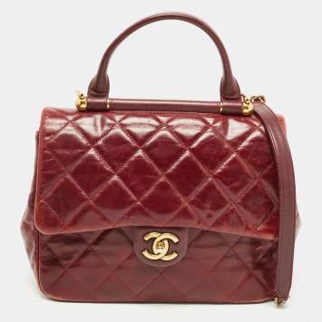 Pre Owned Chanel Burgundy Quilted Leather Gold Bar Top Handle Bag