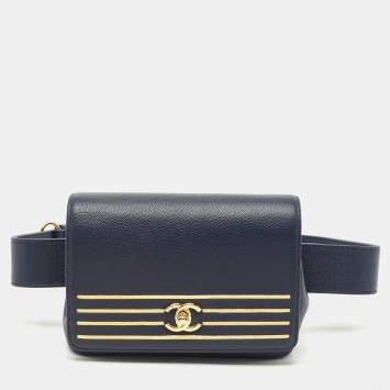 Pre Owned Chanel Navy Blue Caviar Leather Captain Gold Waist Bag