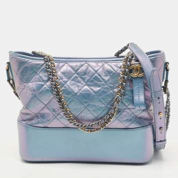 Pre Owned Chanel Light Blue Shimmer Quilted Aged Leather Medium Gabrielle Hobo