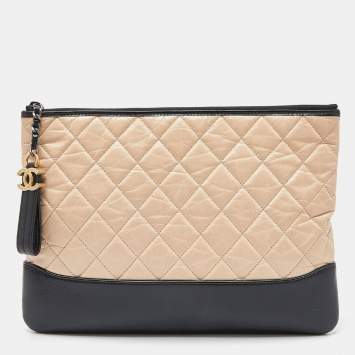 Pre Owned Chanel Beige/Black Quilted Leather Gabrielle Clutch 