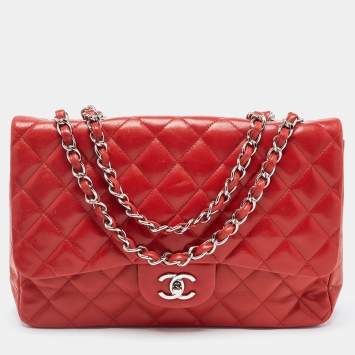Pre Owned Chanel Red Quilted Leather Jumbo Classic Single Flap Bag