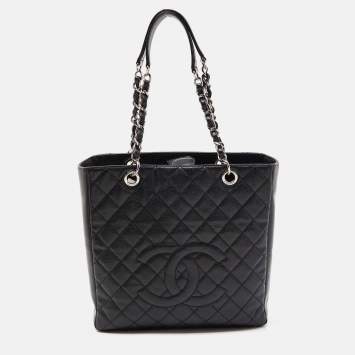 Pre Owned Chanel Black Quilted Caviar Leather XL Petite Shopping Tote