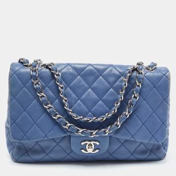 Pre Owned Chanel Blue Quilted Caviar Leather Jumbo Classic Single Flap Bag