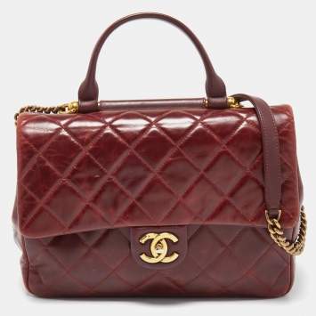 Pre Owned Chanel Burgundy Aged Leather Gold Bar Top Handle Bag