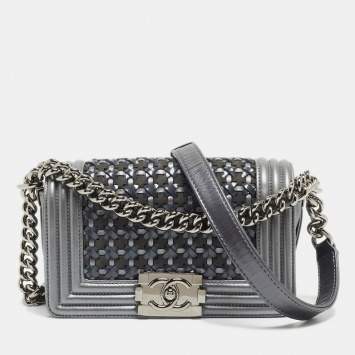 Pre Owned Chanel Grey Woven Patent, Suede and Leather Small Boy Bag