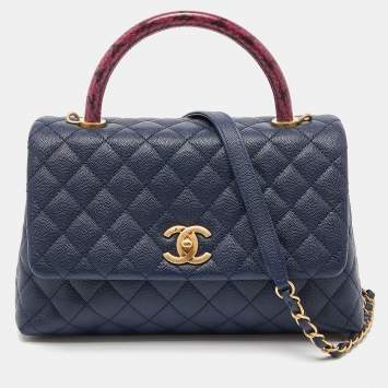 Pre Owned Chanel Blue/Pink Quilted Caviar Leather and Watersnake Leather Medium Coco Top Handle Bag