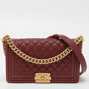 Pre Owned Chanel Maroon Quilted Caviar Leather Medium Boy Flap Bag