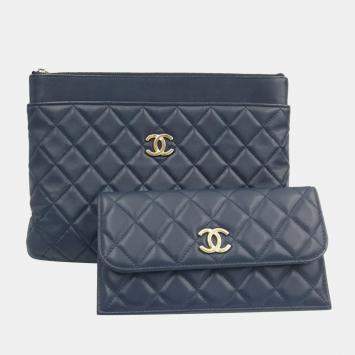 Pre Owned Chanel Navy Blue Leather New Pocket Clutch Bag 
