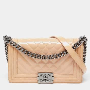 Pre Owned Chanel Peach/Pink Chevron Patent Leather Medium Boy Flap Bag