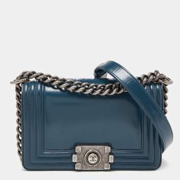 Pre Owned Chanel Blue Patent Leather Small Boy Bag