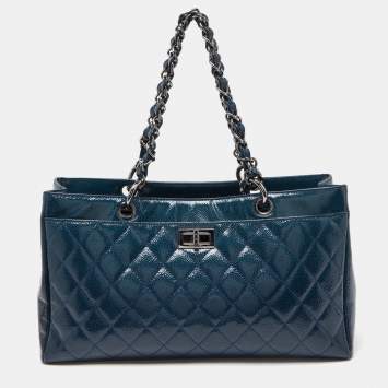 Pre Owned Chanel Blue Diamond Shine Quilted Leather Reissue Tote