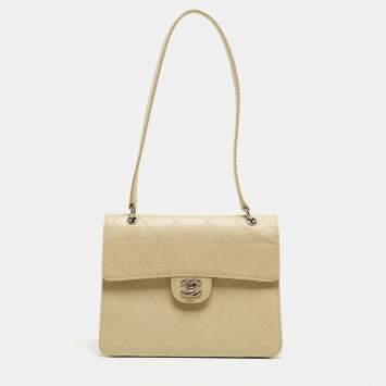 Pre Owned Chanel Light Beige Quilted Leather Classic Top Handle Bag