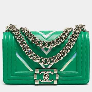 Pre Owned Chanel Green Small Iridescent Chevron Boy Bag