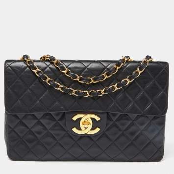 Pre Owned Chanel Black Quilted Lambskin Leather Maxi Vintage Classic Single Flap Bag