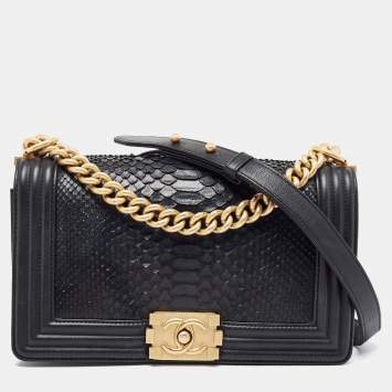 Pre Owned Chanel Black Python and Leather Medium Boy Flap Bag