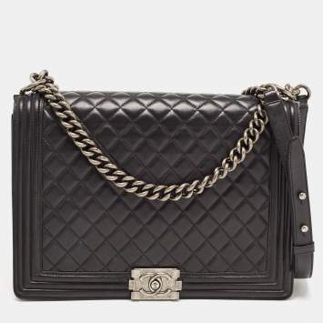 Pre Owned Chanel Black Quilted Leather Large Boy Flap Bag