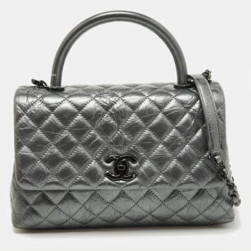 Pre Owned Chanel Metallic Grey Leather Medium Coco Top Handle Bag