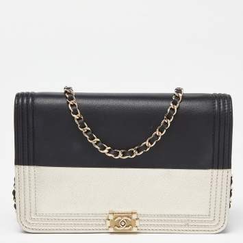 Pre Owned Chanel Black/Gold Leather Boy Wallet On Chain