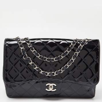 Pre Owned Chanel Dark Blue Quilted Patent Leather Jumbo Classic Single Flap Bag