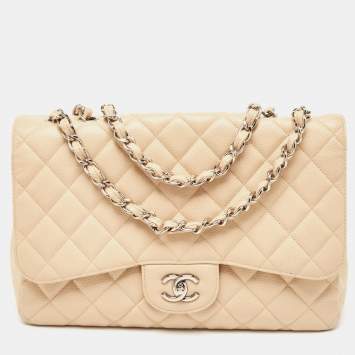 Pre Owned Chanel Beige Quilted Caviar Leather Jumbo Classic Single Flap Bag
