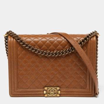 Pre Owned Chanel Brown Quilted Caviar Leather Large Boy Flap Bag