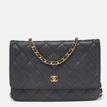 Pre Owned Chanel Black Quilted Caviar Leather Classic Wallet On Chain