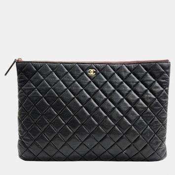 Pre Owned Chanel Black Leather Large O Case Clutch