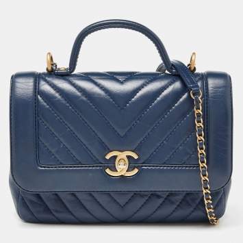 Pre Owned Chanel Blue Chevron Leather Flap Top Handle Bag