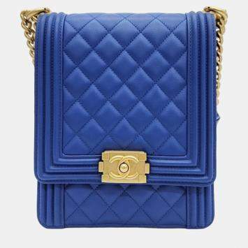 Pre Owned Chanel Blue Leather North South Boy Shoulder Bag