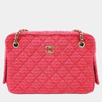 Pre Owned Chanel Pink Leather Tweed Camera Shoulder Bag 
