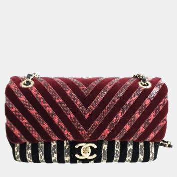 Pre Owned Chanel Multi Leather Velvet CC Python Chevron Limited Edition Flap Bag