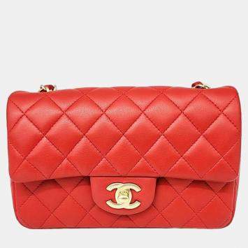 Pre Owned Chanel Red Leather Classic Rectangular Mini Flap Bag