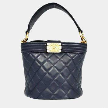 Pre Owned Chanel Navy Blue Leather Quilted Bucket Boy Shoulder Bag 