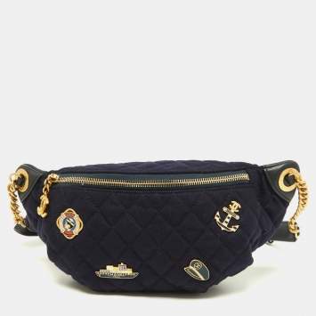 Pre Owned Chanel Navy Blue/Black Quilted Wool and Leather Paris Hamburg Charm Belt Bag