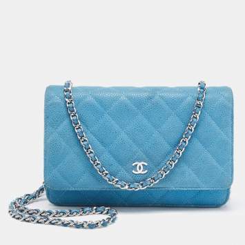 Pre Owned Chanel Blue Quilted Caviar Leather Classic Wallet on Chain