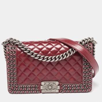Pre Owned Chanel Red Quilted Leather Medium Interlaced Chained Boy Flap Bag