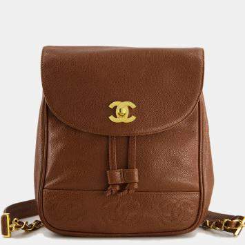 Pre Owned Chanel Vintage Caramel Mini Backpack Bag in Caviar Leather with 24K Gold Hardware